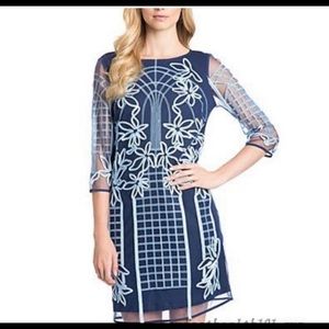 BELLE BADGLEY MISCHKA Women's Blue Sheath Dress with Baby blue Applique Size 8